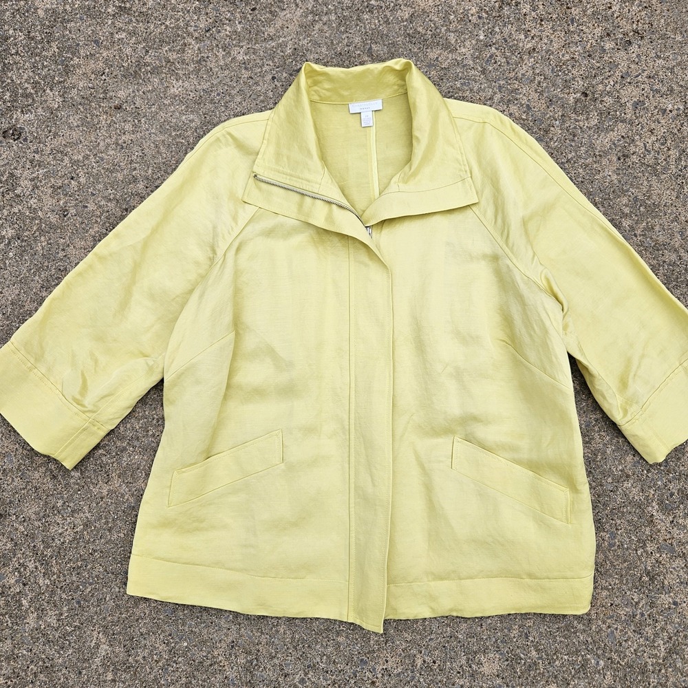Charter Club Womens 2XL Linen Blend Satin Full Zip Jacket Yellow Colorful Rain